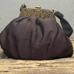 Vintage 1940s 50s Gathered Fabric Evening Bag Brass Filigree Frame Wrist